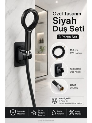 Elarque Siyah Yağmur Model Duş Başlığı Seti Yüksek Basınçlı Pvc Hortumlu