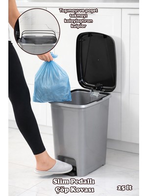 Elarque 0131 Pedallı Metalize Banyo Mutfak Çöp Kovası Siyah Kapaklı Slim Pedallı Çö