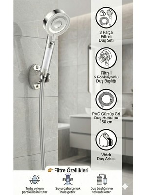 Elarque Beyaz Çelik 5 Fonksiyonlu Duş Başlığı Seti 150 cm Pvc Hortum 3 Parça