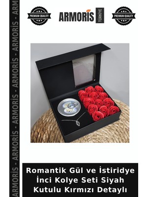 Armoris Romantik Gül ve Istiridye Inci Kolye Seti Siyah Kutulu Kırmızı Detaylı
