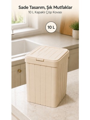 Elarque 10 Litre Krem Kapaklı Çöp Kovası Şık Kompakt Mutfak, Banyo ve Ofis Çöp Kutu