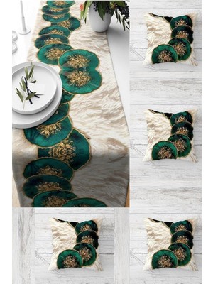 Happy Trend Zümrüt Yeşili Taş Detaylı Masa Değişik Ranır Modelleri Dekoratif 4'lü Kırlent Kılıfı Runner Seti, Zümrüt Yeşili-Krem 45 x 45