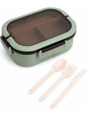 Royal Rain Store Busstier 1200 ml 2 Katlı 6 Bölmeli Bpa'sız Pp Plastik Sefer Tası ve Beslenme Çantası - Hava Kilitli Bento Lunch Box, Çatal ve Kaşık Dahil (Yeşil)