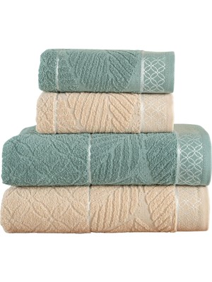 Happy Trend Çift Renk Jakarlı Banyo Havlu Takımı, 4'lü Paket 2 Parça (70X140),2 Parça (50X90) Yumuşak ve Emici, Kaliteli Günlük Kullanıma UYGUN%100 Pamuk Havlu (Yeşil-Krem)