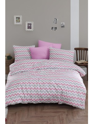 Happy Trend Çift Kişilik Lastikli Nevresim Takımı Pamuklu Ranforce 200X220 - Pembe Zikzak Desenli