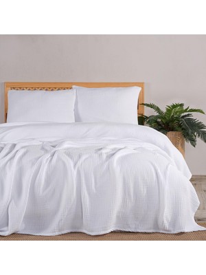 Happy Trend Çift Kişilik, Şık Düz Renk 100% Pamuk 4 Kat Muslin Yastık Kılıflı Pike Takımı, Denizli Üretimi (Beyaz, Çift Kişilik Set (230X250 Cm))