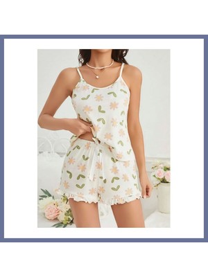 Bezos Kadın Ekru Çiçek Baskılı Şortlu Gecelik Pijama Takımı 5047 · Beden: L/xl · Renk: Ekru Dlra
