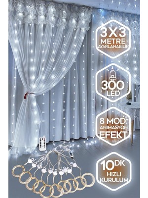 Happy Trend Kumandalı Peri Tel LED Aydınlatma 300 Ledli Perde Işık 10 Saçaklı 3x3 Metre Dekoratif Duvar Işığı USB Kablolu (Beyaz)