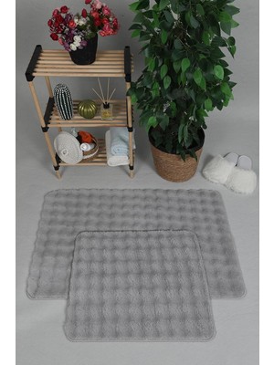 Happy Trend Evilla Modern Bubble Yıkanabilir Kaymaz Peluş Banyo Paspası Halısı 2'li Klozet Takımı 50X80-50X40CM Gri