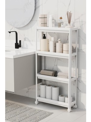 Happy Trend Life 4 Katlı Tekerlekli Slim Ince Beyaz Banyo Mutfak Rafı MIT1200