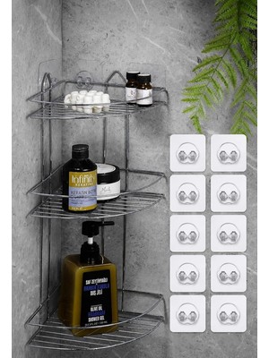 Happy Trend Haus 3 Katlı Yapışkanlı Banyo Köşeliği + 10'lu Yedek Yapışkan Hediyeli, Delmeden Montaj Şampuanlık Duş Rafı Krom