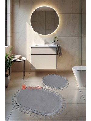 Happy Trend Evilla Modern Simirna Dekoratif Peluş Oval 60X100-50X60 Ponpon Saçaklı Klozet Takımı Açık Gri