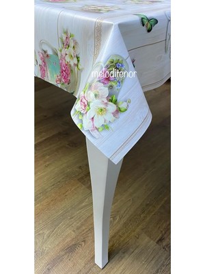 Happy Trend Elyaf Astarlı Fincan Kelebek Desenli Kaymaz Pvc Muşamba Masa Örtüsü Krem 100 x 140