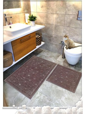 Happy Trend Pamuk Dokuma Su Emici Banyo Paspas Seti, Banyo Halısı Cam 2 Li Set 60X100-60X50 (Kahve)
