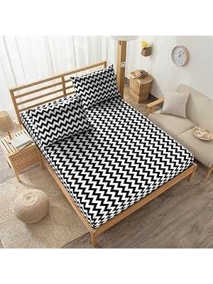 Happy Trend Çift Kişilik Jumbo Boy 200X200 Lastikli Çarşaf Takımı - Siyah-Beyaz Zikzak Desenli