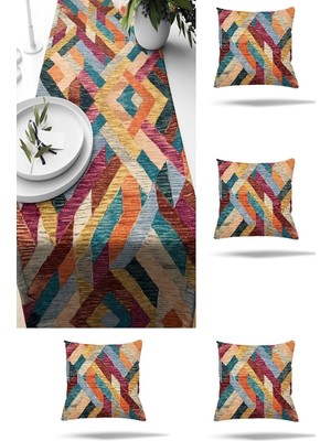 Happy Trend Canlı Renkli Geometrik Bloklu Masa Değişik Ranır Modelleri Dekoratif 4'lü Kırlent Kılıfı Runner Seti, Pembe-Sarı 45 x 45