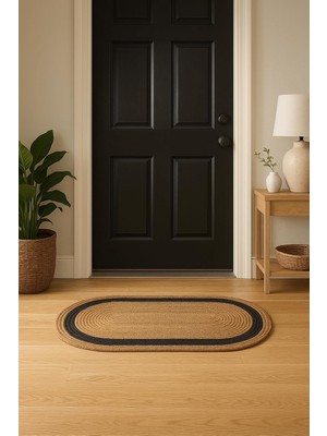 Happy Trend Jüt Paspas, Kahverengi ve Siyah Çizgili, Dekoratif Kapı Önü ve Banyo Paspası (Hasır, 50X80, Oval)