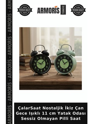 Armoris Çalarsaat Nostaljik Ikiz Çan Gece Işıklı 11 cm Yatak Odası Sessiz Olmayan Pilli Saat