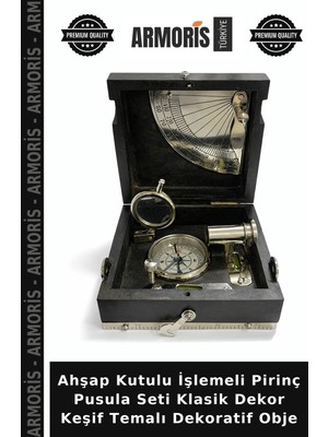 Armoris Ahşap Kutulu Işlemeli Pirinç Pusula Seti Klasik Dekor Keşif Temalı Dekoratif Obje