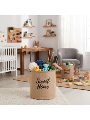 Royal Rain Store Deconox "sweet Home" Yuvarlak Jüt Düzenleyici Sepet (Çap 32CM, Yükseklik 36CM) – Krem Renk Katlanabilir Kumaş Kulplu Organizer | Büyük Boy, Çamaşır, Battaniye ve Ev Tekstili Sepeti