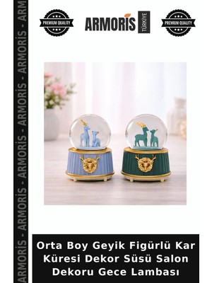 Armoris Orta Boy Geyik Figürlü Kar Küresi Dekor Süsü Salon Dekoru Gece Lambası