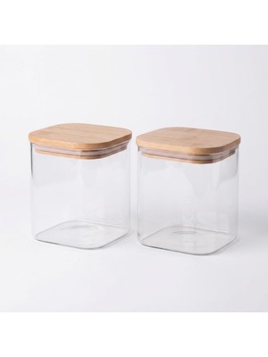 Royal Rain Store Deconox 2 Adet 600 ml Sızdırmaz Vakumlu Bambu Kapaklı Borosilikat Cam Kavanoz, Hava Geçirmez Contalı Kare Kuru Gıda Saklama Kabı, 10 × 10 cm