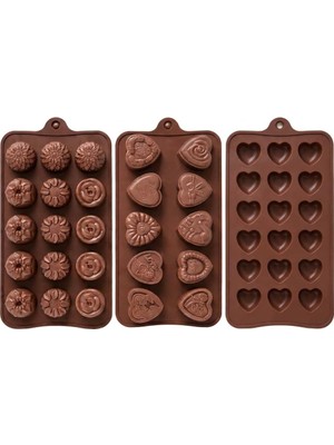 Royal Rain Store Deconox 3'lü Silikon Çikolata ve Buz Kalıbı Seti, 18 Gözlü Kalp, 15 Gözlü Çiçek ve 10 Gözlü Desenli Kalıp, Toplam 43 Göz, Kahverengi