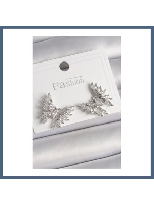 Bezos Pirinç Gümüş Renk Zirkon Taşlı Kelebek Model Kadın Küpe BZS10