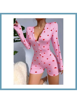 Bezos Kadın Pembe Kalp Desenli Pijama Tulumu 5121 · Beden: L/xl · Renk: Kırmızı MBT06