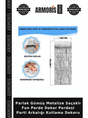Armoris Parlak Gümüş Metalize Saçaklı Fon Perde Dekor Perdesi Parti Arkalığı Kutlama Dekoru