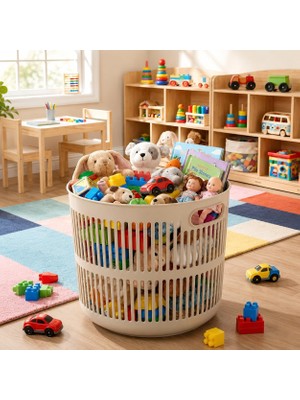 Royal Rain Store 22 Lt Çok Amaçlı Delikli Sepet, Kulplu Oyuncak Sepeti ve Çamaşır Sepeti, Çocuk Odası Banyo Düzenleyici Saklama Sepeti, 35 cm Genişlik 29 cm Yükseklik (Latte)