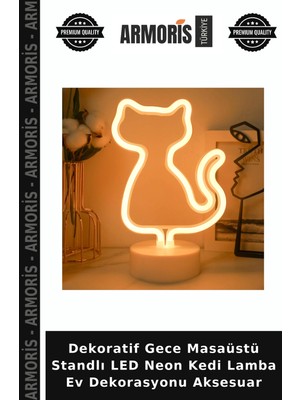 Armoris Dekoratif Gece Masaüstü Standlı LED Neon Kedi Lamba Ev Dekorasyonu Aksesuar