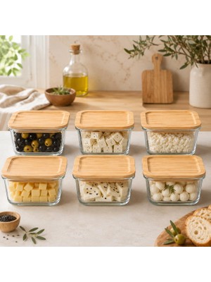 Royal Rain Store 6’lı Bambu Kapaklı Kare Cam Kahvaltılık Seti, Şeffaf Cam Saklama Kabı, Reçel Zeytin Peynir Kuruyemiş Baharat ve Atıştırmalık Sunum Kabı