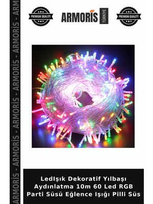 Armoris Ledışık Dekoratif Yılbaşı Aydınlatma 10M 60 LED Rgb Parti Süsü Eğlence Işığı Pilli Süs