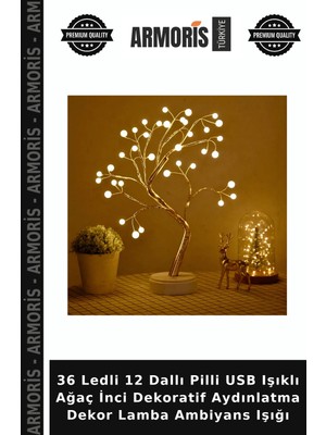 Armoris 36 Ledli 12 Dallı Pilli USB Işıklı Ağaç Inci Dekoratif Aydınlatma Dekor Lamba Ambiyans Işığı