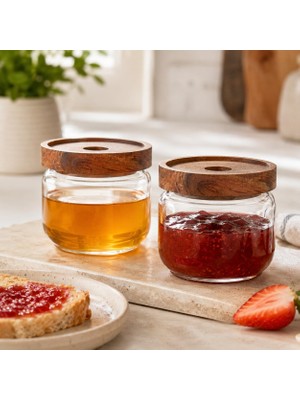 Royal Rain Store 300 ml Cam Kahvaltılık 2’li Set, Akasya Kapaklı Şeffaf Cam Saklama Kavanozu, Kahvaltı Sunum Kabı, Zeytin Reçel Bal Kuruyemiş Sos Atıştırmalık Kavanozu