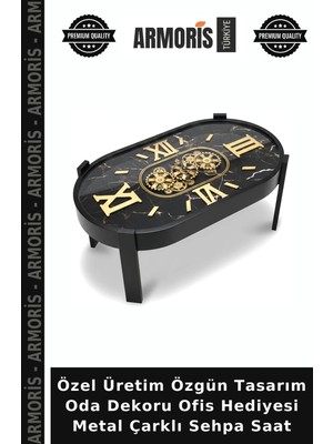 Armoris Özel Üretim Özgün Tasarım Oda Dekoru Ofis Hediyesi Metal Çarklı Sehpa Saat