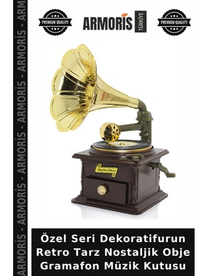 Armoris Özel Seri Dekoratifurun Retro Tarz Nostaljik Obje Gramafon Müzik Kutusu
