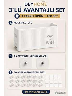 Royal Rain Store 3'lü Set Modem Gizleme Kutusu | Wi-Fi Router Saklama Kutusu | Pleksi Duvar Tipi Modem Koruyucu + 20 Adet Kablo Düzenleyici + 2 Adet Yapışkanlı Vidalı Askı Hediyeli (3, 3'lü Set)