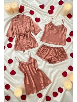 Royal Rain Store Saten Mini Kuşaklı Sabahlık ve Gecelik Seti Çeyizlik