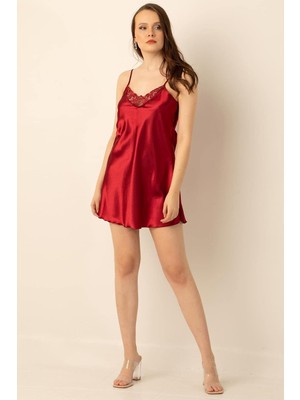 Royal Rain Store Miorre Ince Askılı Güpürlü Mini Saten Gecelik