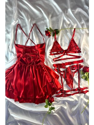 Royal Rain Store Sevgililer Günü Özel Kırmızı Elbise ve Zincirli Jartiyerli Iç Çamaşırı Takımı
