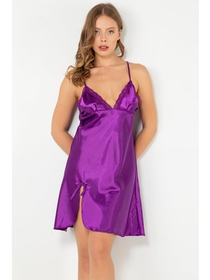 Royal Rain Store Miorre Dantelli Yırtmaçlı Saten Gecelik,mor S/m