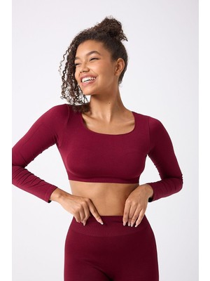 Royal Rain Store Forever More Kare Yaka Uzun Kollu Crop Top Seamless Bordo-S