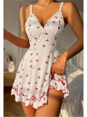 Royal Rain Store Beyaz Kiraz Baskılı Askılı Mini Elbise Kadın Gecelik Şık Günlük Rahat Elbise