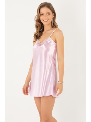 Royal Rain Store Miorre Ince Askılı Güpürlü Mini Saten Gecelik,pembe 2XL,33165385