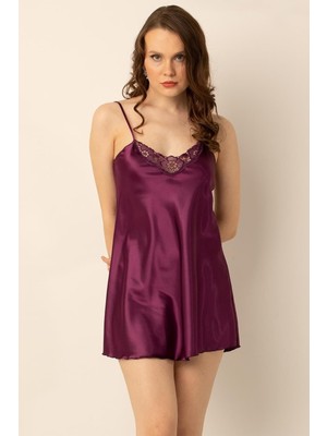 Royal Rain Store Miorre Ince Askılı Güpürlü Mini Saten Gecelik,koyu Mürdüm S/M,9750570606714