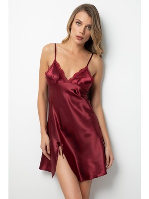 Royal Rain Store Miorre Dantelli Yırtmaçlı Saten Gecelik,bordo M