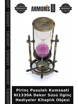 Armoris Pirinç Pusulalı Kumsaati NI1330A Dekor Süsü Ilginç Hediyeler Kitaplık Objesi