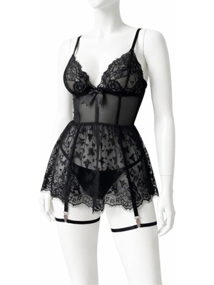 Royal Rain Store Siyah Dantel Detaylı Göğüs Dekolteli Seksi Kelebek Desenli Fantezi Tül Gecelik Takımı